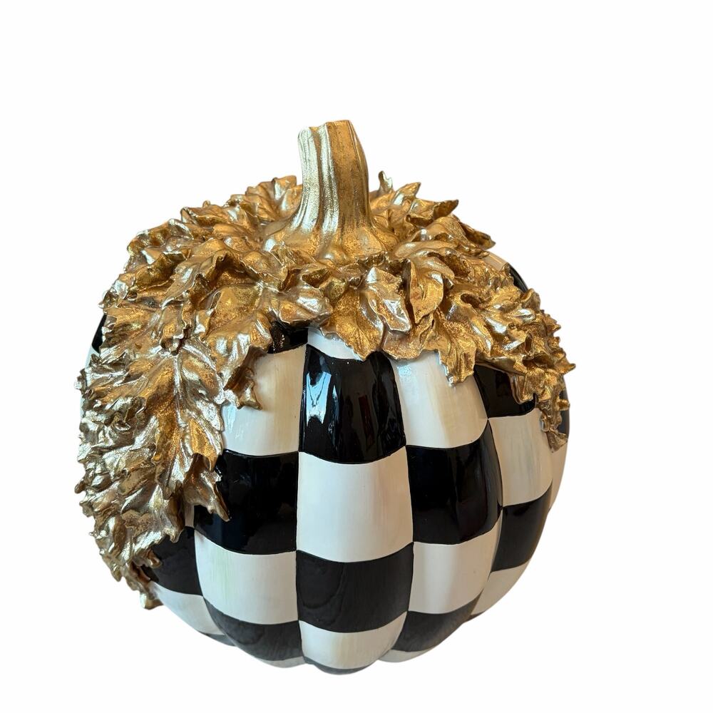 NEW MacKenzie Childs Courtly Check Gold Foliage Pumpkin 11.5" H in Original Box - Picture 5 of 16
